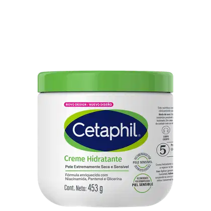 Creme hidratante Cetaphil para pele extremamente seca e sensível, com fórmula enriquecida com niacinamida, pantenol e glicerina, em embalagem plástica branca com tampa verde e rótulo azul e verde.