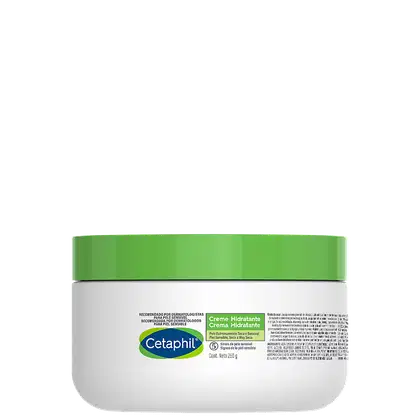 Creme hidratante Cetaphil em embalagem plástica branca e verde, com rótulo destacando os benefícios para pele sensível. Produto recomendado por dermatologistas, com 250g de conteúdo.