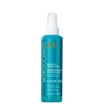 O spray leave-in Moroccanoil Color Care Protect & Prevent (160ml) aparece em destaque em sua embalagem turquesa com detalhes em laranja vibrante e em branco.