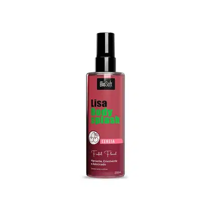 Frasco de 200 ml de Body Splash da marcaSoft Hair, com rótulo em vermelho e verde, exibindo a marca "Lisa" e o nome do produto "Body Splash" na embalagem.