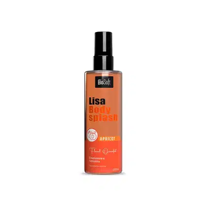 Frasco de corpo com pulverizador da marca BioSoft, na cor laranja, com rótulo indicando "Lisa Body Splash" e "Apricot" como fragrância. O produto é descrito como "Floral Oriental" e "Envolvente e Feminino".