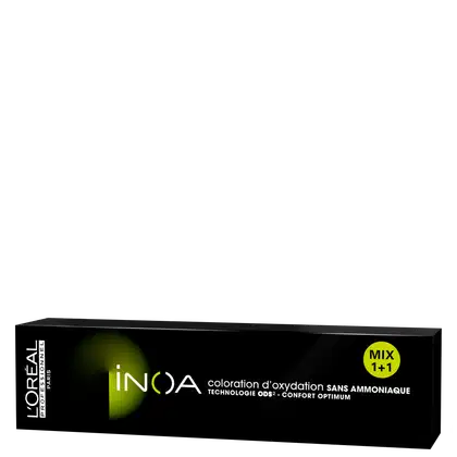 Coloração de cabelo L'Oréal Professionnel Inoa, com embalagem preta e detalhes amarela. O texto na embalagem indica que o produto é uma coloração de oxigenação sem amônia, com tecnologia ODS2 e conforto otimizado.