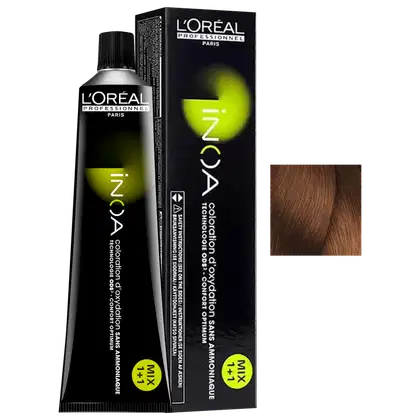 Tubo de tinta para cabelo da marca L'Oréal Professionnel Paris, com embalagem preta e verde. Rótulo com o nome da marca e informações sobre a tonalidade da cor. 
