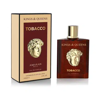 Frasco de perfume Tobacco Kings & Queens da Amaran Parfums, com embalagem em vermelho e dourado, contendo 100ml de produto.