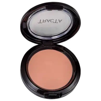 Blush compacto em embalagem redonda preta com tampa transparente.