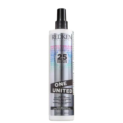 Frasco branco e preto da linha One United da Redken, um tratamento multifuncional com 25 benefícios para todos os tipos de cabelo, incluindo proteção contra frizz e definição da cor.