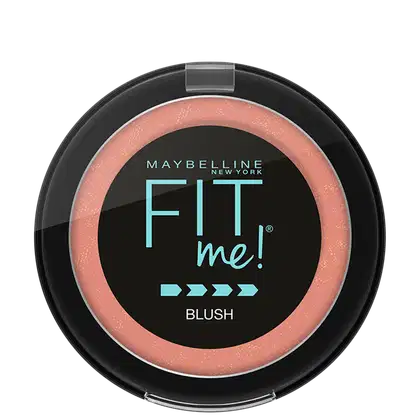 Embalagem redonda compacta preta com detalhes em azul. Logotipo "Fit me!" em letras turquesas, com a palavra "Blush" abaixo. Design minimalista e moderno.
