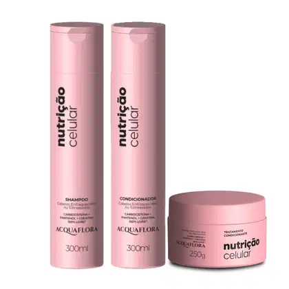 Conjunto de produtos Acquaflora, incluindo shampoo, condicionador e tratamento capilar em embalagens rosa com detalhes em preto. Os frascos de shampoo e condicionador possuem 300ml cada, e o tratamento capilar está em um pote de 250g.