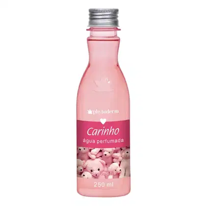 Frasco de vidro transparente rosa de 250ml, formato cilíndrico com tampa metálica prateada rosqueada. Exibe o logotipo "phytoderm", "Carinho"  e a descrição "água perfumada" abaixo. Na parte inferior, há uma imagem de vários ursinhos de pelúcia rosa.