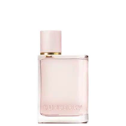 Frasco de item de perfumaria da marca Burberry, com embalagem de cor rosa clara e detalhes dourados.