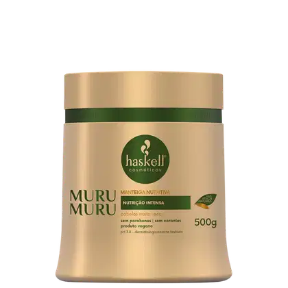 Manteiga nutritiva Muru Muru da marca Haskell, em embalagem de 500g com design em tons de bege e verde, destacando o nome do produto e informações sobre sua composição vegana e testagem dermatológica.