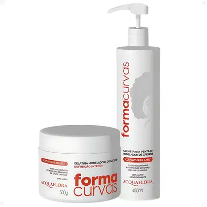 Produtos Acquaflora: Creme modelador de cachos e gelatina modeladora de cachos em embalagens brancas com detalhes em vermelho, exibindo informações sobre suas propriedades e benefícios.