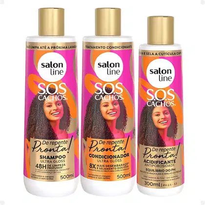 Kit Salon Line Sos Cachos de Repente Pronta! com Shampoo 500ml, Condicionador 500ml e Acidificante 300ml