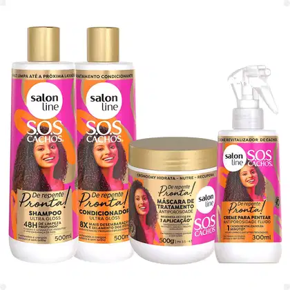 Kit Salon Line Sos Cachos De Repente Pronta!: Shampoo 500ml, Condicionador 500ml, Máscara 500g e Creme Fluido Antiporosidade 300ml