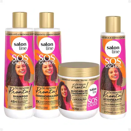 Kit Salon Line Sos Cachos De Repente Pronta! com Shampoo 500ml, Condicionador 500ml, Máscara 500g e Acidificante 300ml