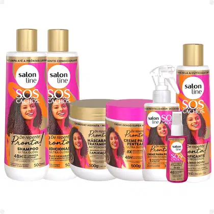Kit Salon Line Sos Cachos De Repente Pronta! com Shampoo 500ml, Condicionador 500ml, Máscara 500g, Creme para Pentear 500g, Creme Fluido 300ml, Acidificante 300ml e Óleo 42ml
