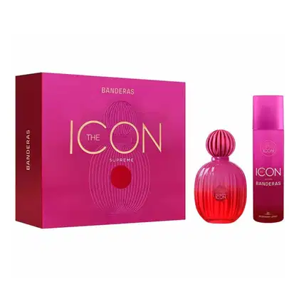 Conjunto da marca Banderas, composto por frasco de perfume e desodorante em embalagem vermelha e rosa com detalhes dourados, exibindo o nome "The Icon Supreme" em destaque.