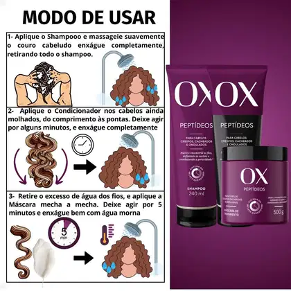 Imagem do produto Kit OX Peptídeos Cabelos Crespos, Cacheados e Ondulados: Shampoo 240ml, Condicionador 240ml e Máscara de Tratamento 500g