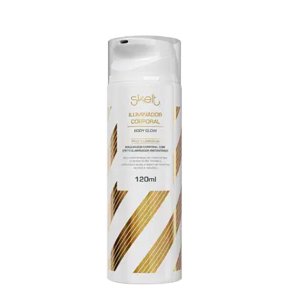 Frasco branco com rótulo dourado da linha Skelt, contendo "Iluminador Corporal Body Glow" com 120ml de volume. Embalagem com design moderno e linhas douradas, indicando um produto de beleza para iluminação e realce da pele.