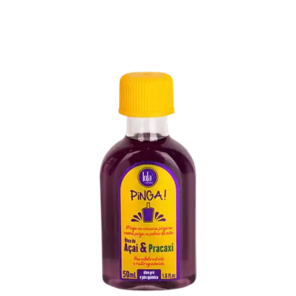Frasco de vidro roxo com tampa amarela da linha Pinga! da marca Lola From Rio, contendo óleo de Açaí e Pracaxi, com rótulo destacando o nome do produto e seus ingredientes.