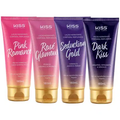 Imagem do produto Kit Kiss New York Loção Corporal: Rosé Glamour, Seduction Gold, Dark Kiss e Pink Romance 180ml