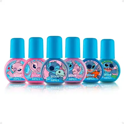 Imagem do produto Kit Impala Disney Stitch 6 Esmaltes: Aloha, Brilho Angelical, Ohana Quer Família, Experiência 626, Nunca Abandonar, Amizade de Outro Planeta