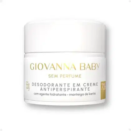 Desodorante em creme antiperspirante Giovanna Baby, sem perfume, em embalagem branca com texto dourado, contendo agente hidratante e manteiga de karité.