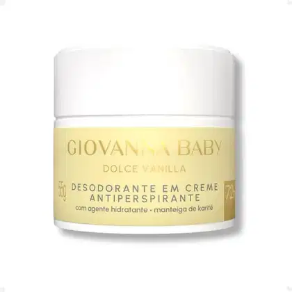 Desodorante em creme antitranspirante Giovanna Baby Dolce Vanilla, com manteiga de karité, em embalagem branca e amarela com rótulo destacado.