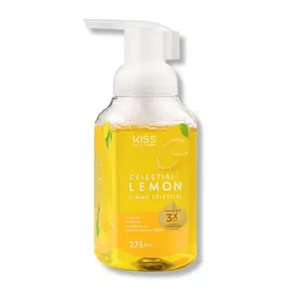 Frasco de espuma para as mãos da marca Kiss New York, com rótulo amarelo e texto "Celestial Lemon", contendo 275 ml do produto.