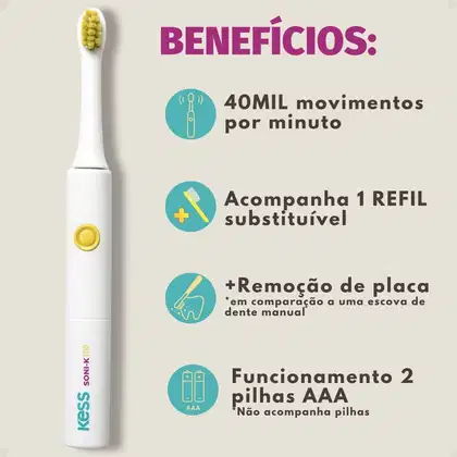 Imagem do produto Kit Kess Belliz Soni-K 100: 1 Escova Dental Elétrica com 1 Refil + 2 Refis Extras (Total 3 Refis)