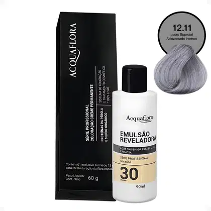 Caixa preta com logotipo Acquaflora, frasco branco com rótulo "Emulsão Reveladora 30 volumes", e amostra de coloração capilar na cor cinza.