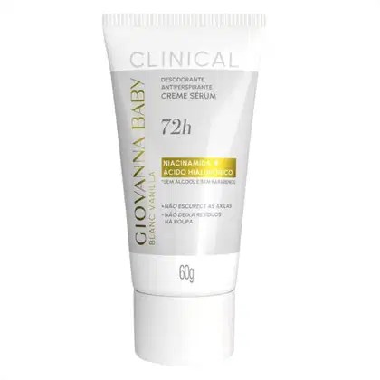 Creme sérum desodorante antitranspirante da marca Clinical, com 72h de duração, contendo niacinamida e ácido hialurônico, sem álcool e sem parabenos, em embalagem branca com detalhes em amarelo.
