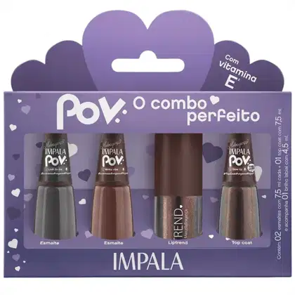 Imagem do produto Kit Impala Pov Marcella: 2 Esmaltes, 1 Top Coat e 1 Gloss Labial