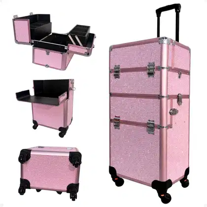 Imagem do produto Maleta Carrinho 2 em 1 Klass Vough 2 Andares 4 Rodinhas Rosa com Brilho DB-913R