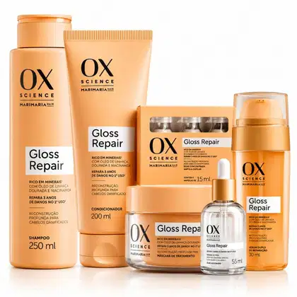 Imagem do produto Kit Ox Mari Maria Hair Gloss Repair: Shampoo 250ml, Condicionador 200ml, Máscara 180g, 3 Ampolas, Sérum 30ml e Óleo Capilar 55ml