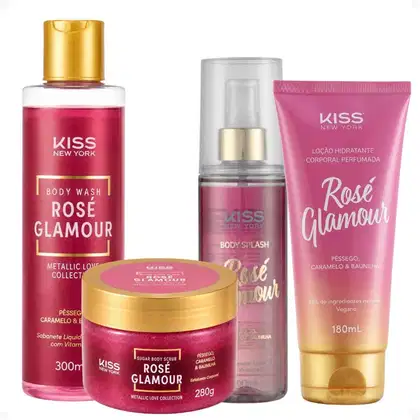 Imagem do produto Kit Kiss New York Rosé Glamour: Sabonete Líquido 300ml, Esfoliante 280g, Body Splash 200ml e Loção Hidratante 180ml