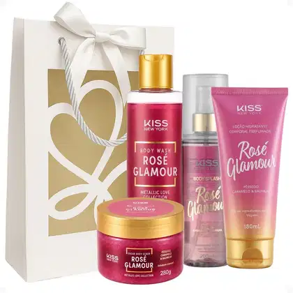 Imagem do produto Kit Presente Kiss New York Rosé Glamour: Sabonete Líquido 300ml, Esfoliante 280g, Body Splash 200ml e Loção Hidratante 180ml