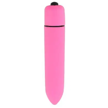 Vibrador rosa em formato cilíndrico com botão preto na extremidade superior. Embalagem compacta e discreta