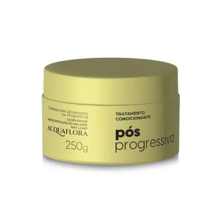 Tratamento condicionante pós-progressiva da Acquaflora, em embalagem plástica redonda de cor amarela, com rótulo indicando o nome do produto e sua função.
