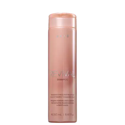 Frasco rosa de shampoo da marca Braé, chamado "Revival", com informações sobre reconstrução imediata para cabelos extremamente danificados.