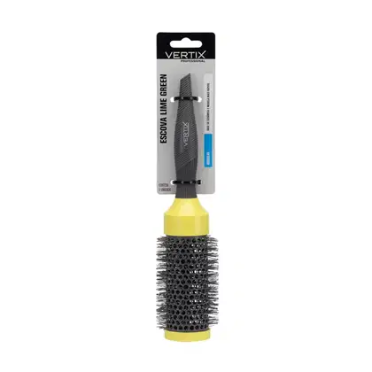 Escova de cabelo profissional da marca Vertix, com corpo amarelo e cerdas pretas, embalada em cartela preta com informações sobre o produto.