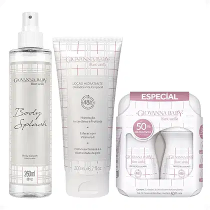 Imagem do produto Kit Giovanna Baby Blanc Vanilla: Body Splash 260ml, Loção Hidratante 200ml e 2 Desodorantes Roll-On 50ml
