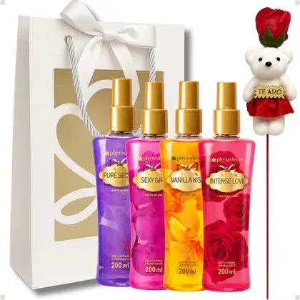 Imagem do produto Kit Presente Phytoderm Deo Colônia: Intense Love, Sexy Girl, Pure Secret e Vanilla Kiss 200ml e Rosa com Ursinho