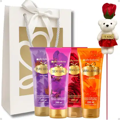 Imagem do produto Kit Presente Phytoderm Loção Hidratante: Intense Love, Sexy Girl, Pure Secret e Vanilla Kiss 200ml e Rosa com Ursinho