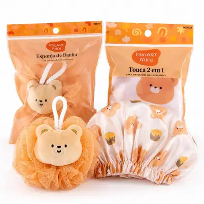 Imagem do produto Kit Proart Mini Urso: Touca De Banho 2 Em 1 e Esponja de Banho