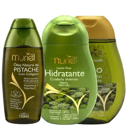 Imagem do produto Kit Completo Muriel Pistache Com Colágeno: Óleo Natural, Loção Deo Corporal 200ml e Óleo de Banho 230ml