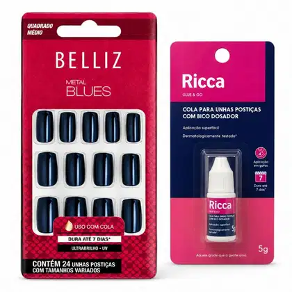 Imagem do produto Kit Belliz: Unhas Postiças Quadrado Curto Metal Blues e Cola De Unhas Ricca 5g