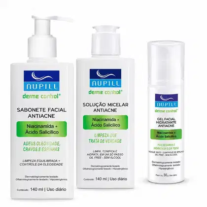 Imagem do produto Kit Nupill Derme Control Antiacne: Sabonete Facial 140ml, Solução Micelar 140ml e Gel Facial 30g