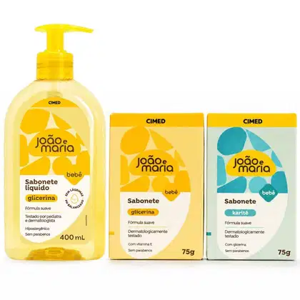 Imagem do produto Kit Cimed João e Maria Baby Glicerina: Sabonete Líquido 400ml, Sabonete Em Barra Glicerina e Sabonete Em Barra Karíite 75g