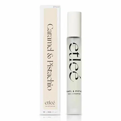 Frasco de perfume Etleé, contendo 10 ml de "Caramel & Pistachio" Eau de Parfum. Caixa retangular ao lado